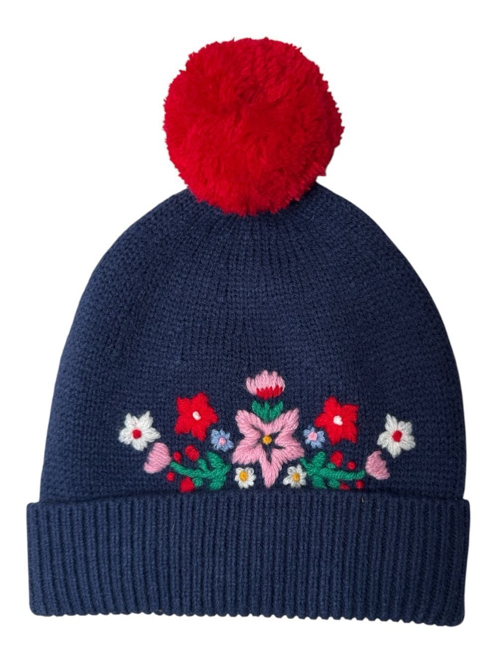 Mini Boden Navy Knit Beanie with Red Pom & Floral Embroidery. Size 2-4 years.